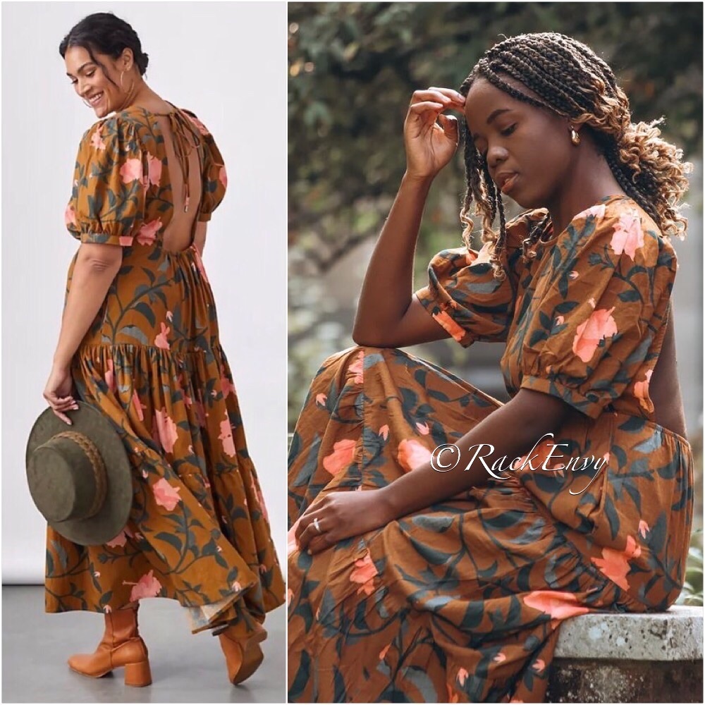 NWT ANTHROPOLOGIE CONDITIONS APPLY OPEN BACK FLORAL MAXI DRESS IN BROWN